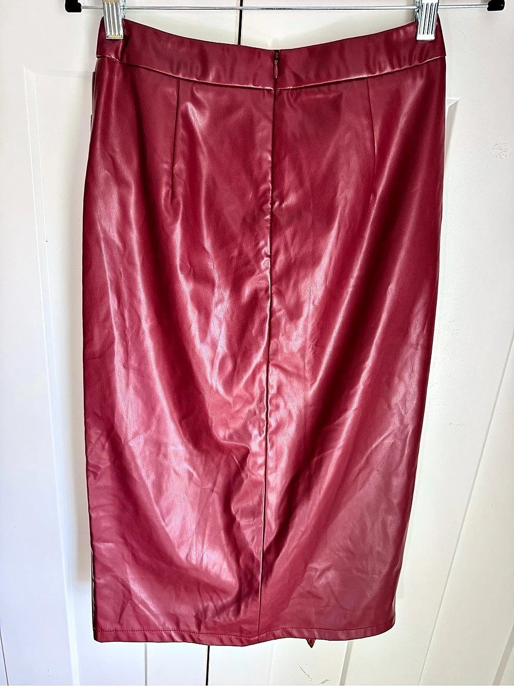 Commense Faux Leather Ruched Slit Midi Skirt Burgundy Small - Picture 5 of 7